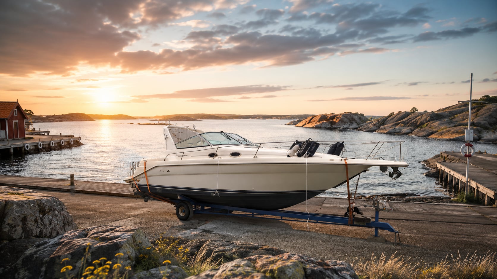 Oskyddad båt på trailer i solnedgång